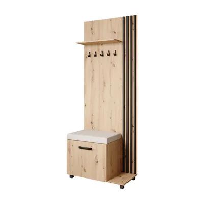 Produktbild von Garderobenschrank LIVIA Rechts Eiche – Garderobe mit Kleiderhaken, Schuhschrank, schwarze Lamellen, hellbeige Sitzkissen, Hochschrank, Flurmöbel