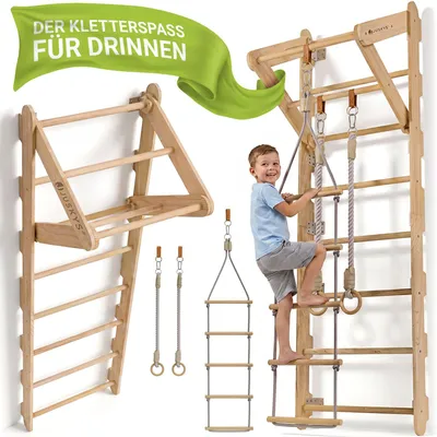 Produktbild von Juskys Sprossenwand für Kinder - Indoor Klettergerüst mit Turnringen und Strickleiter