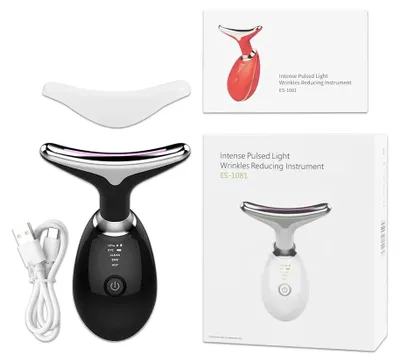 Immagine prodotto di Dispositivo di bellezza per lifting viso e collo, massaggiatore facciale EMS, terapia della luce LED, eliminatore del doppio mento, ringiovanimento cutaneo, rassodamento, antirughe. Colore: nero con confezione