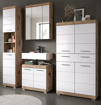 Produktbild von Badmöbel Set "Willow" weiß Hochglanz und Eiche, Badezimmer 4-teilig 200 cm