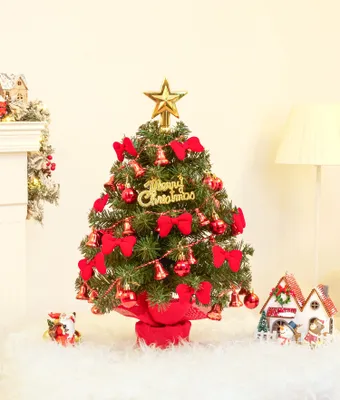 Produktbild von 40cm Mini Weihnachtsbaum mit 30 warmweiß LEDs, 8 Licht Modi, mit roter Deko, mit Stern-Baumspitze, Batterie betrieben, für Weihnachten, Advent, künstl