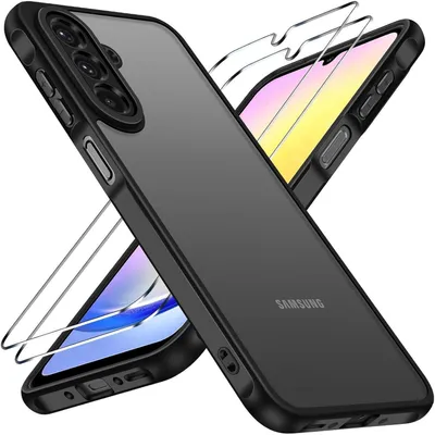 Immagine prodotto di Custodia protettiva con 2 protezioni in vetro temperato per Samsung Galaxy A26 5G, resistente agli urti, opaca e traslucida, colore nero