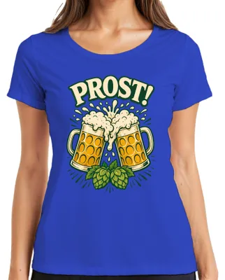 Produktbild von Prost Bierkrüge Hopfen Anstoßen Lustig Lederhose JGA Damen T-Shirt, Blau, S