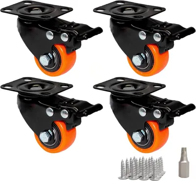 Produktbild von PRIOstahl Orangene Transportrollen Rollengröße: 40mm 4x Lenkrollen mit Bremse inkl. Befestigungsmaterial