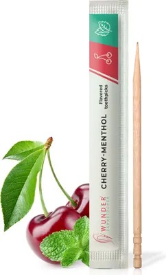Produktbild von Wunder Zahnstocher mit Geschmack Kirsche Menthol, 100 Stück einzeln verpackt, intensiver Geschmack, frischer Atem, zuckerfrei, Alternative zu Kaugummi