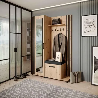 Image de Armoire LIVIA – Ensemble vestiaire avec miroir et cintres, chêne Artisan, lamelles noires, coussin d'assise noir, à droite