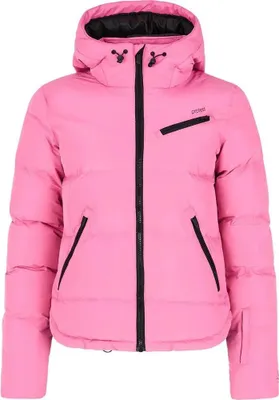 A pink puffer jacket with black zippers and trim.