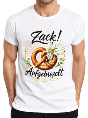 Productafbeelding van Zacht gebakken pretzel, edelweiss, traditioneel Alpendorp, heren T-shirt, leerbroek, wit, maat M