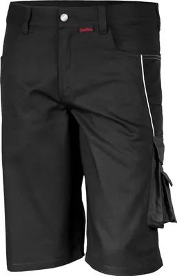 A close-up studio shot of black work shorts.