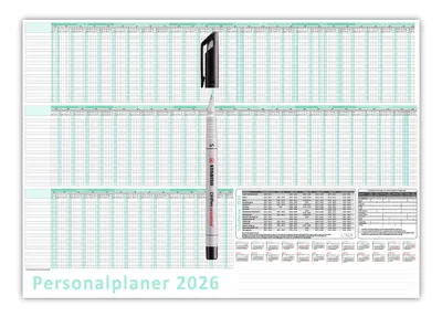 Produktbild von Urlaubsplaner / Personalplaner 2026 nass abwischbar mit Folienkaschierung + Folienstift - DIN B1 Format (1000 x 700 mm) 22 Mitarbeiter Januar bis März Folgejahr mit Schulferien (gerollt!)