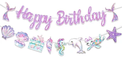 Productafbeelding van Verjaardagsdecoratie zeemeermin, paars, set met "Happy Birthday" banner