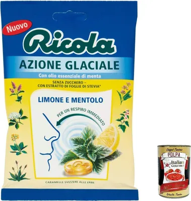 Produktbild von 12x Ricola Azione Glaciale Limone e Mentolo bonbon Zitrone und Menthol erfrischend ohne zucker 70g + Italian Gourmet polpa 400g