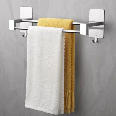 Obrázek produktu pro Držák na ručníky Famanu, bez nutnosti vrtání – nerezová ocel – samolepicí – 44 cm – dvojitá tyč na ručníky