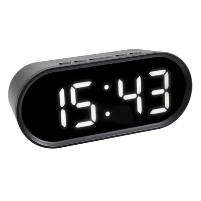 A black digital alarm clock with a white LED display showing the time.