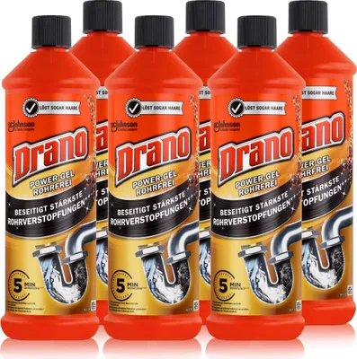 Produktbild von Drano Power-Gel Rohrfrei 1 Liter - Löst sogar Haare (6er Pack)