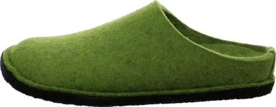 A side view of a green felt slipper.