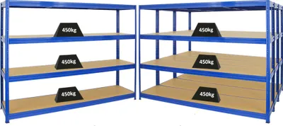 Produktbild von Mega Deal | 4x Schwerlastregal DINO | HxBxT 180x240x60 cm | 4 MDF-Platten-Ebenen 6,5 mm |  Fachlast 450kg | Blau