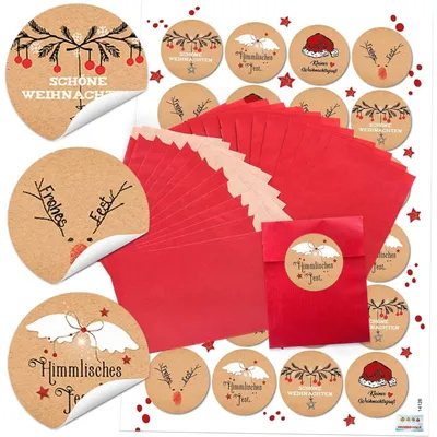 Produktbild von 24 rote Papier-Tüten Tütchen Weihnachtstüten (7 x 9 cm) + 24 runde Weihnachts-Aufkleber mit Text 4 cm; schwarz-rot-weiß (14126) Geschenktüten zum Befüllen für Kunden, Mitarbeiter, Freunde10 Stück / 7 x 9 cm