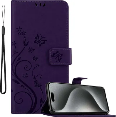 Obrázek produktu pro Cadorabo pouzdro pro Apple iPhone 15 PRO MAX in FLORAL DARK PURPLE ochranné pouzdro v květinovém designu s magnetickým zavíráním, funkcí stojánku a sloty na karty flipové pouzdro flower cover case flipové pouzdro na mobilní telefon book case