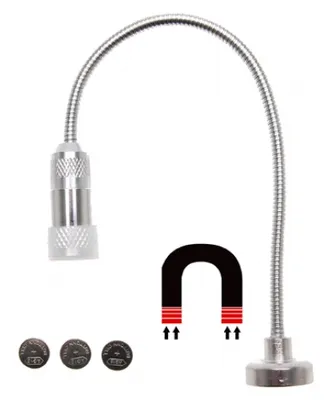 A KRAFTMANN LED work light with a flexible gooseneck, a horseshoe magnet, and three coin batteries against a white background.