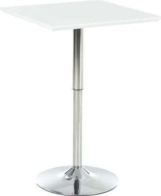A square white table with a silver adjustable pedestal base against a white background.