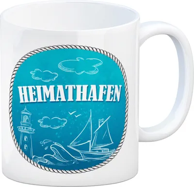 Produktbild von Kaffeebecher mit maritimen Motiv und Spruch: Heimathafen Kaffeetasse Tasse