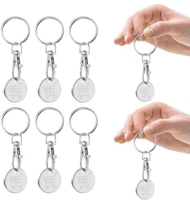 Produktbild von Tagesartikel- Schlüsselanhänger 6er Set - Schlüsselanhänger aus Edelstahl - Schlüsselanhänger aus Edelstahl - Trolleytoken - Silber - Durchmesser 2,3 cm