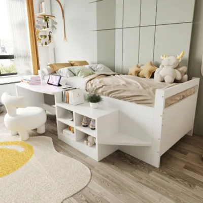 Produktbild von Kinderbett mit Staufächern Schreibtisch mit Steckdosen Einzelbett Holzbett Weiß 90×200 cm