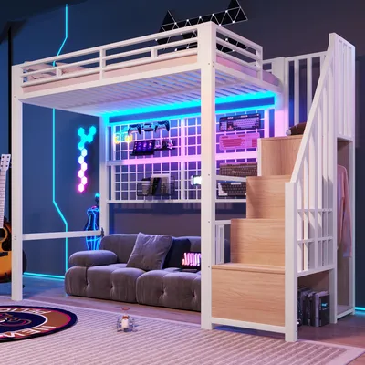 Produktbild von Merax Etagenbett Hochbett 90x200 cm mit Kleiderschrank und LED-Beleuchtung, Jugendbett Kinderbett mit Stauraumleiter aus Metall, Doppelbett, Weiß
