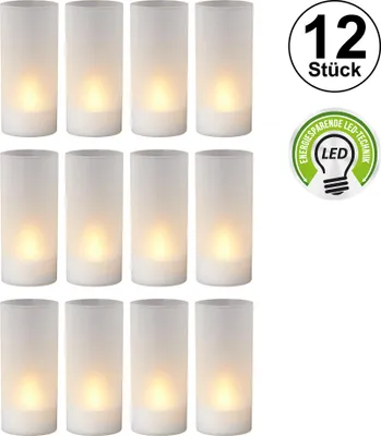 Produktbild von 12x LED Windlicht, weiß, ca.10cm hoch, Deko, Kerze, Timer, Garten, Wohnzimmer, Flammenflackern, Teelichter