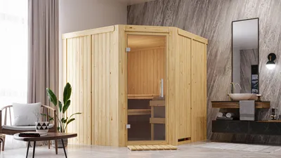 Produktbild von Karibu Sauna Innensauna Jarin Eckeinstieg Ofen 9 kW integr. Strg 196x196x198 cm ohne Dachkranz mit Klarglastür