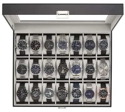 Image de Boîte à montres pour hommes, 21 compartiments, noire, avec couvercle en verre