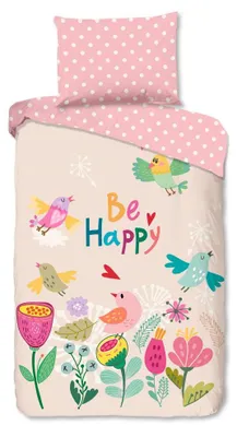 Productafbeelding van Good Morning Kinderdekbedovertrek "Happily" - Roze - (140x200 cm) - 100% Katoen