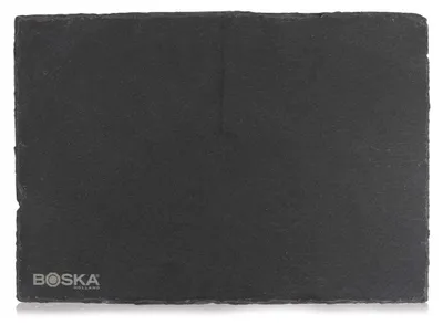 A black slate serving board with a logo on the bottom left corner.