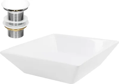 Immagine prodotto di LuxeBath lavabo Lavabo da appoggio quadrato, 41x41x12 cm, bianco, in Vetroceramica, incl. set di scarico senza troppopieno