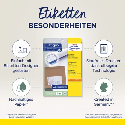 Produktbild von Avery Zweckform 6138 Universal-Etiketten, A4 mit ultragrip, 105 x 74 mm, 240 Etiketten/30 Bogen, weiß