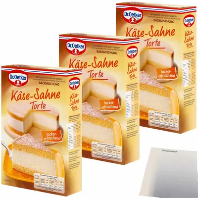 Produktbild von Dr. Oetker Käse-Sahne Torte Backmischung 3er Pack (3x385g Packung) + usy Block