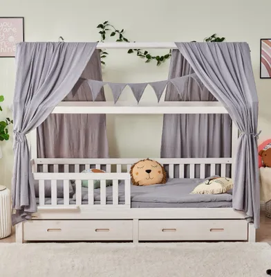 Produktbild von Alavya Home Hausbett CLOUD 90 x 200 cm Komplett-Set mit Schublade, Kindermatratze COZY und Musselin Dekoset Grau – Massivholz Buche