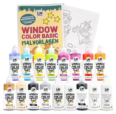 Produktbild von LM-Kreativ Window Color Set (17 x 80 ml Basic inkl. Konturfarbe & Malvorlagen) – abziehbare Fensterfarbe auf Wasserbasis für Glas, Spiegel und Fliesen