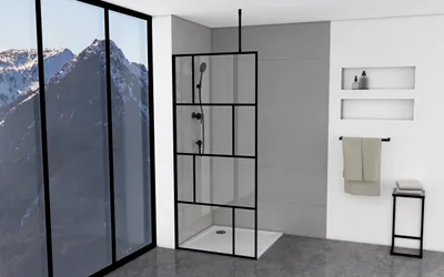 Produktbild von Duschwand MARWELL in modernem Design 90 x 195 cm inkl. Deckenhalterung - Glasdusche mit matt schwarzen Wandprofil - Einscheibensicherheitsglas für höchste Sicherheit - Montage auf Duschwanne oder Fliese