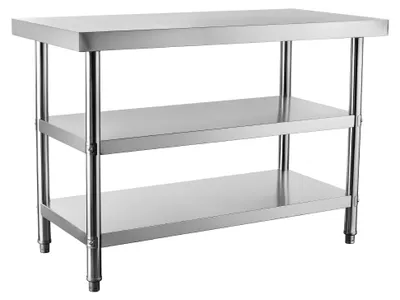 Produktbild von Wiltec Edelstahl Tisch Arbeitstisch Edelstahltisch mit 2 Ablagen 120x60x85cm für Gastro Küche Werkstatt Garten Keller mit höhenverstellbare Füßen
