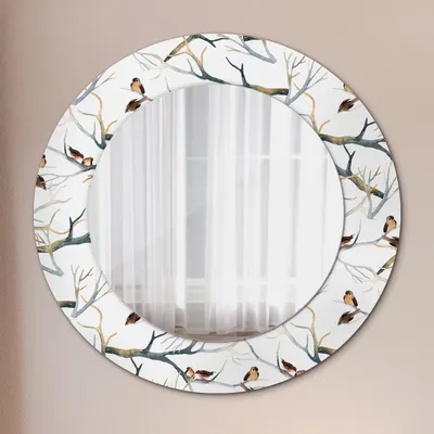 Produktbild von Ø60cm Spiegel - Glasrahmen mit Aufdruck - Wandspiegel Schlafzimmer - Spatzen Vögel Äste