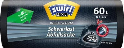 Packaging for heavy-duty trash bags with product features highlighted.