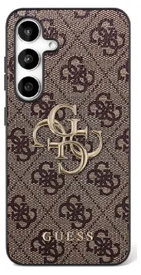 A close-up product shot of a phone case with a repeating GUESS logo pattern.
