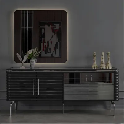 Image de Ensemble de salle à manger de luxe noir Buffet miroir Meubles en bois