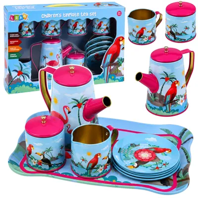 Image de Service à thé avec perroquets en métal motif exotique 12 pièces.