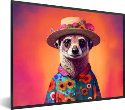 Produktbild von MuchoWow® Gerahmtes Poster Erdmännchen - Blumen - Hut - Tiere - Porträt 40x30 cm - Poster mit Schwarzem Bilderrahmen Wandposter Rahmen Foto Bilder - Kunstposter - Wanddekorationen