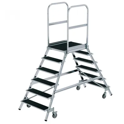 Produktbild von Günzburger Steigtechnik Podesttreppe beidseitig begehbar mit Federrolle Korundbeschichtung R13 2x6 Stufen - 059206