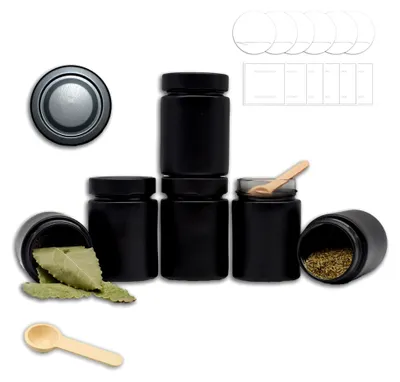 Produktbild von Gewürzgläser rund schwarz-matt Set - 190 ml - mit Gewürzlöffel - wasserfeste Etiketten - mit Schraubdeckel (6)