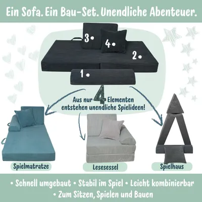 Produktbild von Pillows24 – Spielsofa für Kinder aus Cordstoff | Kindersessel mit waschbarem Bezug | Kindersofa für Spielzimmer – Hergestellt in der EU, Türkis